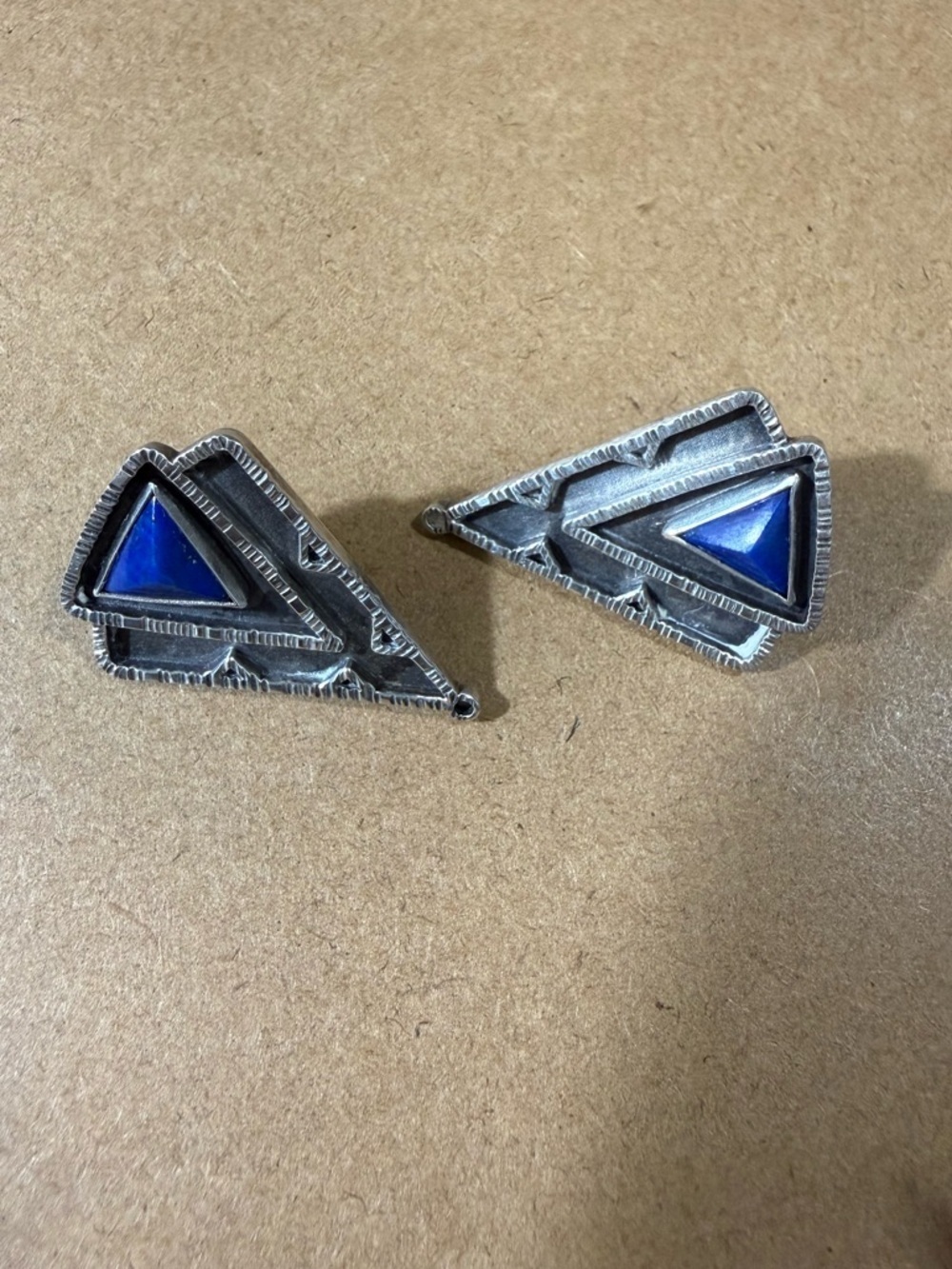 Sterling Silver Kite ’91 Blue Inlay Triangle Earrings 1.25”